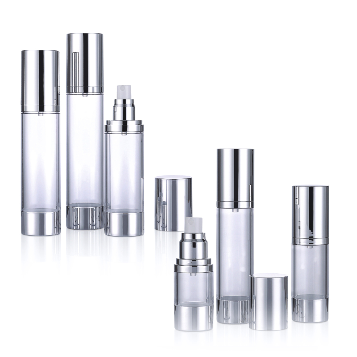 15 ml 30 ml 50 ml 80 ml 100 ml 120 ml Nicht verschüttete Luxus transparente kosmetische luftlose Lotion Pumpenflasche mit Silberkappe L04
